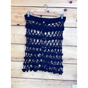 Handmade Vintage Crochet Mini Skirt Black Open Knit Boho Festival Cover Up Mediu